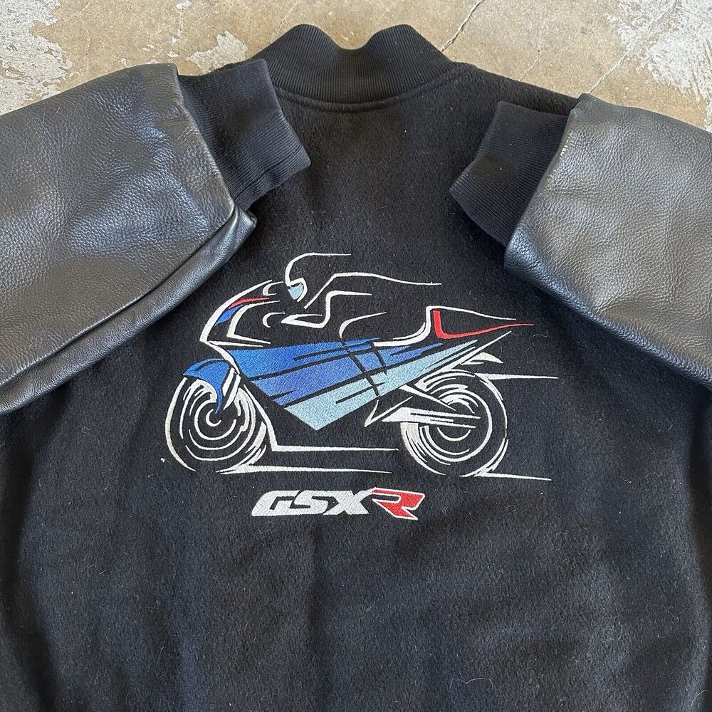 Vintage Suzuki GSX-R Motorcycle Black Wool Leather Varsity Jacket Medium Men